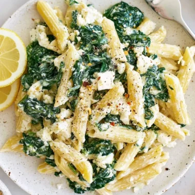 Cozy spinach feta pasta dish, perfect for comfort food lovers.