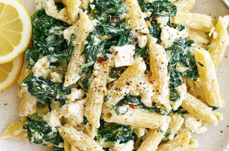 Cozy spinach feta pasta dish, perfect for comfort food lovers.