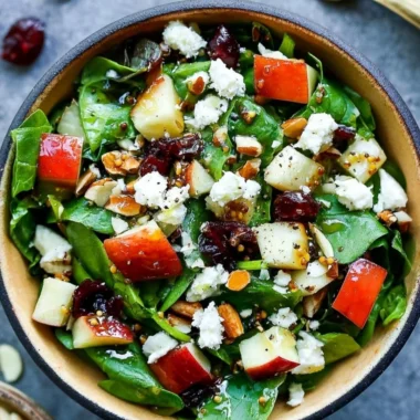 Apple almond feta spinach salad with colorful ingredients in a bowl