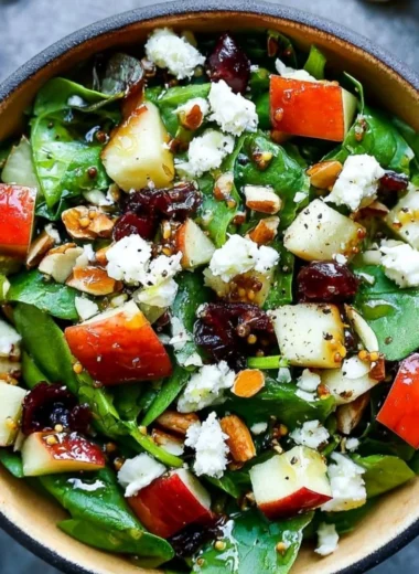 Apple almond feta spinach salad with colorful ingredients in a bowl