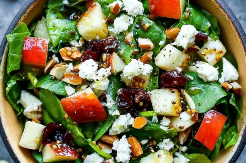 Apple almond feta spinach salad with colorful ingredients in a bowl