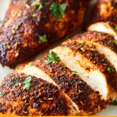 Baked Cajun Chicken Breasts served on a plate with herbs and spices