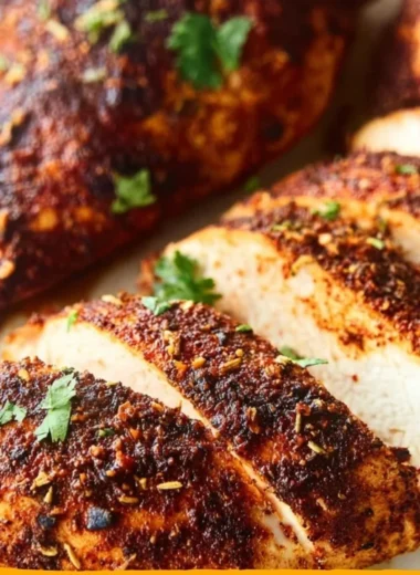 Baked Cajun Chicken Breasts served on a plate with herbs and spices