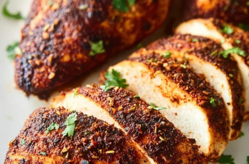 Baked Cajun Chicken Breasts served on a plate with herbs and spices