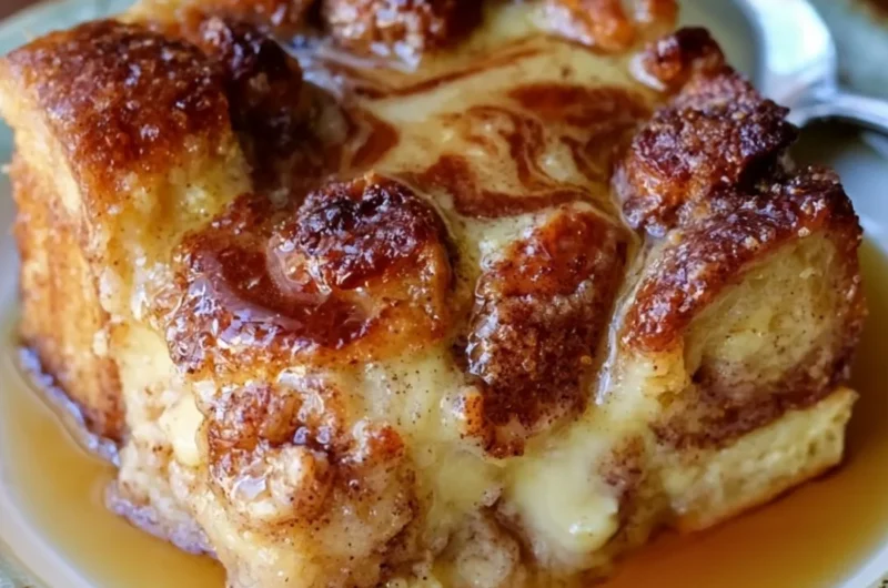 Delicious Pioneer Woman French Toast Casserole topped with syrup and fruit.