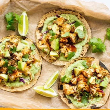 Cauliflower tacos topped with avocado cream for a delicious vegetarian meal