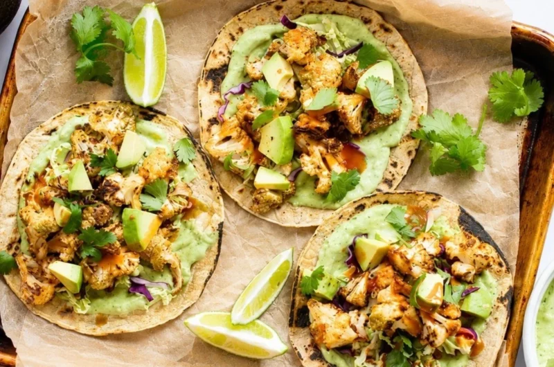 Cauliflower tacos topped with avocado cream for a delicious vegetarian meal