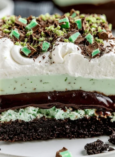 Delicious Chocolate Mint Lasagna dessert with layers of mint and chocolate