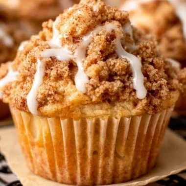 Freshly baked cozy apple crumble muffins with apple filling and crumble topping