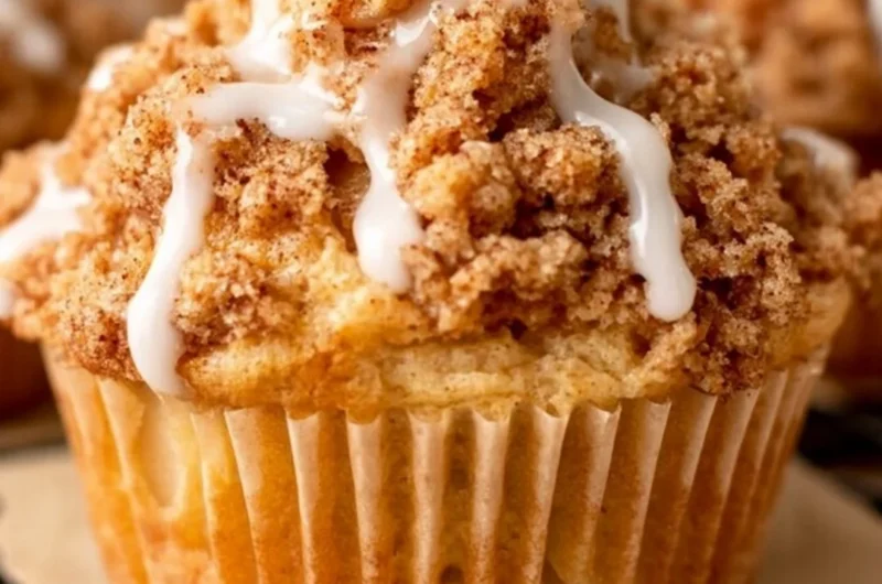 Freshly baked cozy apple crumble muffins with apple filling and crumble topping