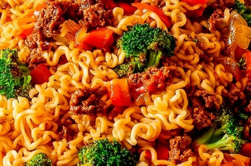 Cozy beef ramen noodles stir fry garnished with fresh vegetables and herbs