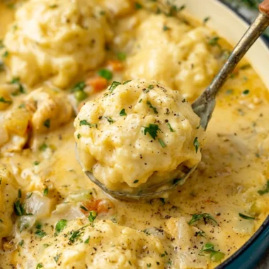 Bowl of cozy chicken and dumplings with herbs and spices
