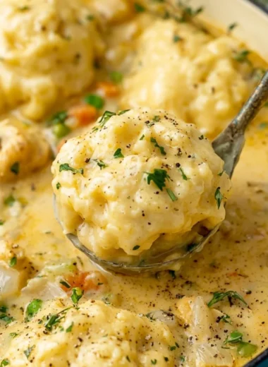 Bowl of cozy chicken and dumplings with herbs and spices