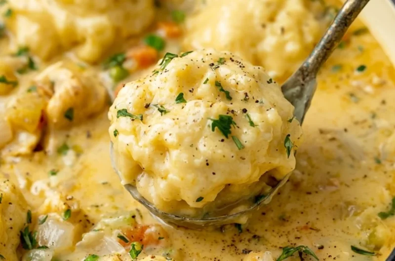 Bowl of cozy chicken and dumplings with herbs and spices