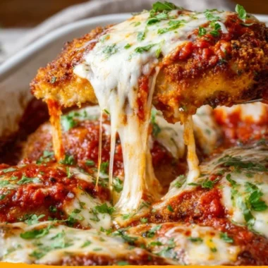 Cozy classic chicken parmesan with melted cheese and marinara sauce