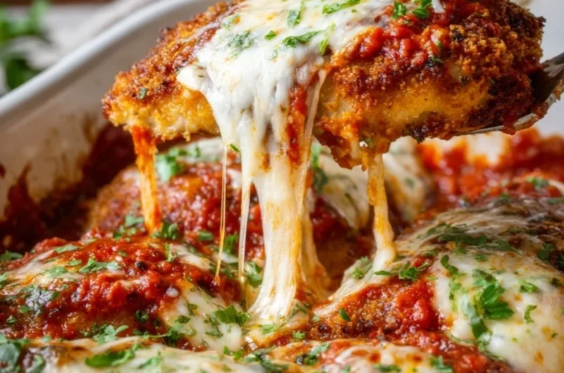 Cozy classic chicken parmesan with melted cheese and marinara sauce