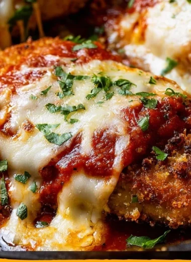Cozy crispy chicken parmesan served with a side of pasta and fresh herbs.