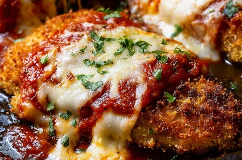 Cozy crispy chicken parmesan served with a side of pasta and fresh herbs.