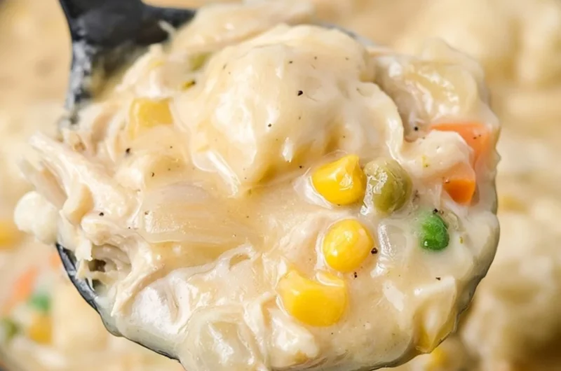 Bowl of cozy Crock Pot chicken and dumplings garnished with herbs
