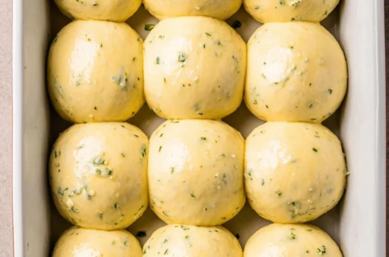 Freshly baked cozy garlic bread rolls on a wooden table