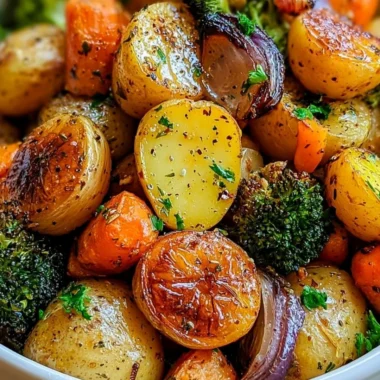 Cozy garlic herb roasted potatoes and veggies garnished with herbs
