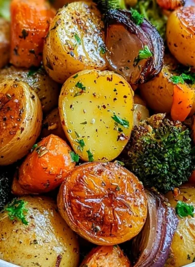 Cozy garlic herb roasted potatoes and veggies garnished with herbs