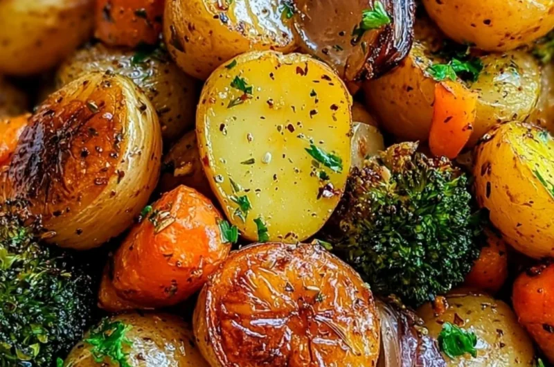 Cozy garlic herb roasted potatoes and veggies garnished with herbs