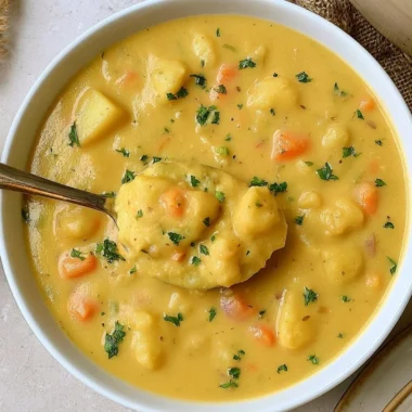 Bowl of cozy German Potato Soup garnished with herbs and served warm