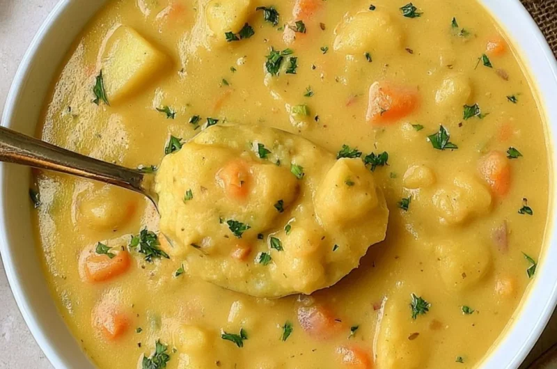Bowl of cozy German Potato Soup garnished with herbs and served warm