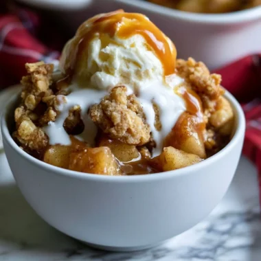 Gluten-free apple crisp served in a cozy setting with warm spices and apples.