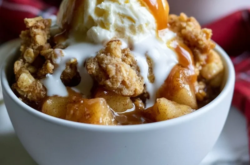 Gluten-free apple crisp served in a cozy setting with warm spices and apples.