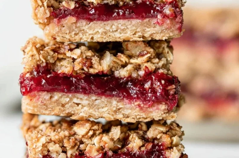 Homemade cranberry sauce oat bars with a sprinkle of oats