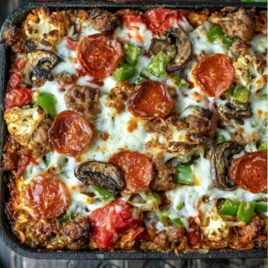 Delicious low carb pizza casserole served in a cozy setting.