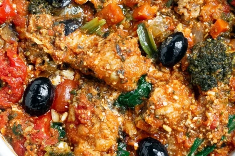Cozy Mediterranean chicken dish served with vegetables and herbs