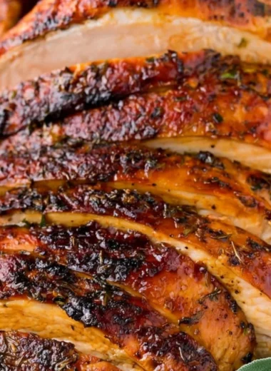 Delicious cozy oven roasted turkey breast served with herbs and garnishes