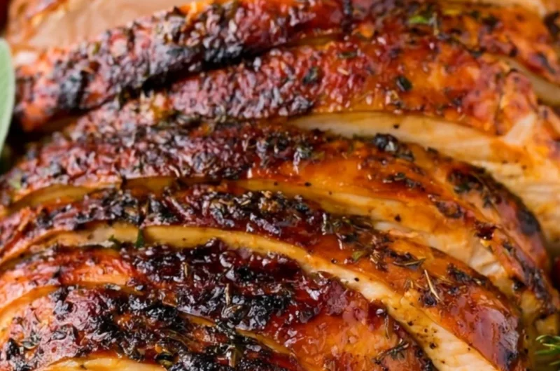 Delicious cozy oven roasted turkey breast served with herbs and garnishes
