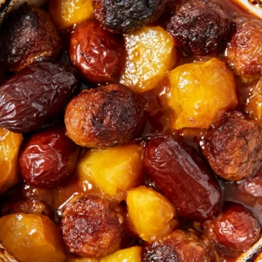 Cozy slow cooker meatball smokies with pineapple in a bowl