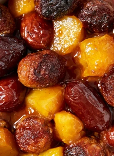 Cozy slow cooker meatball smokies with pineapple in a bowl