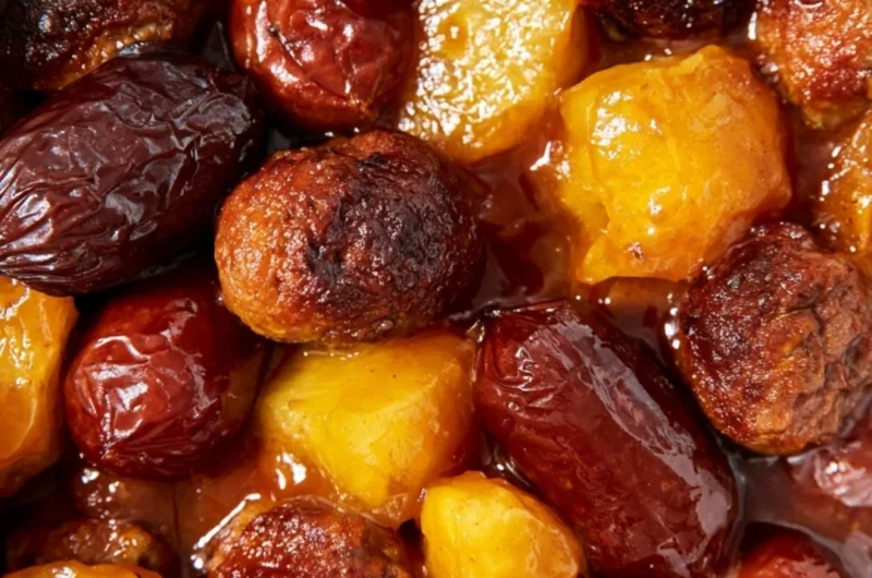 Cozy slow cooker meatball smokies with pineapple in a bowl