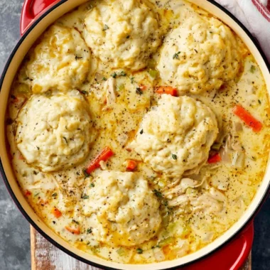 Bowl of creamy homemade chicken and dumplings garnished with parsley