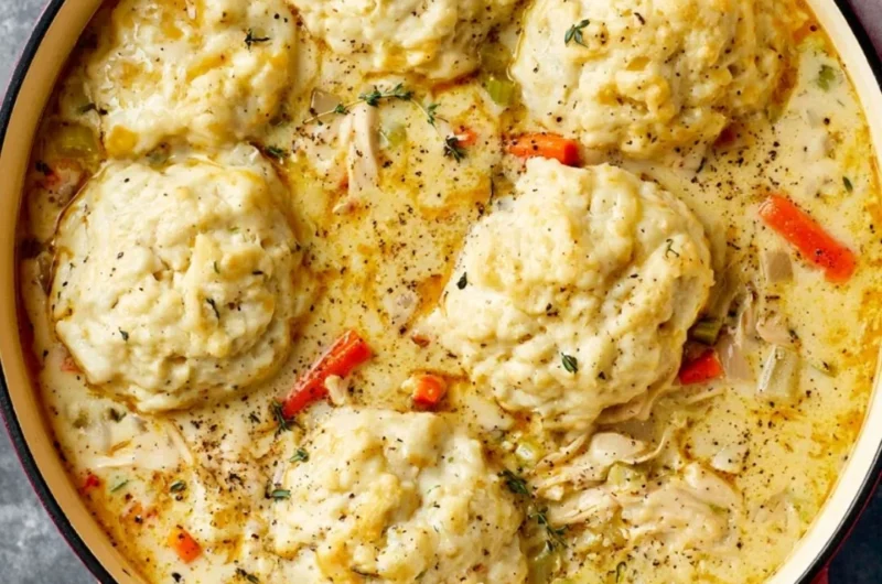 Bowl of creamy homemade chicken and dumplings garnished with parsley