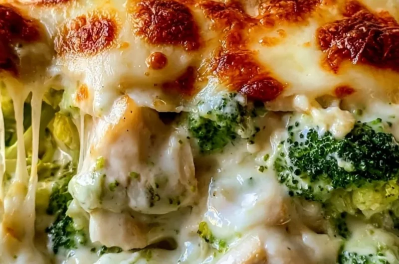 Creamy Keto Chicken Alfredo Broccoli Bake with chicken, broccoli, and alfredo sauce