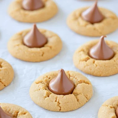 A plate of easy Peanut Butter Blossoms cookies topped with chocolate melts