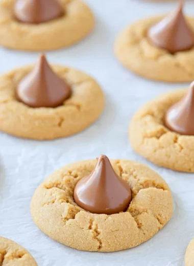 A plate of easy Peanut Butter Blossoms cookies topped with chocolate melts
