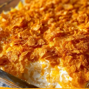 Funeral potatoes casserole topped with corn flakes and cheese