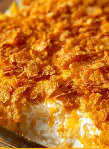 Funeral potatoes casserole topped with corn flakes and cheese
