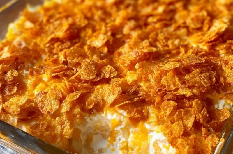 Funeral potatoes casserole topped with corn flakes and cheese