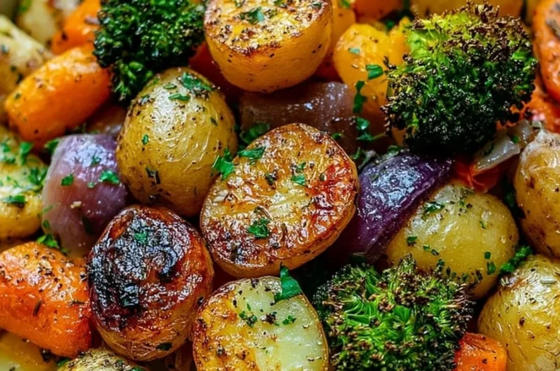 Bowl of garlic herb roasted potatoes and mixed veggies, garnished with fresh herbs.