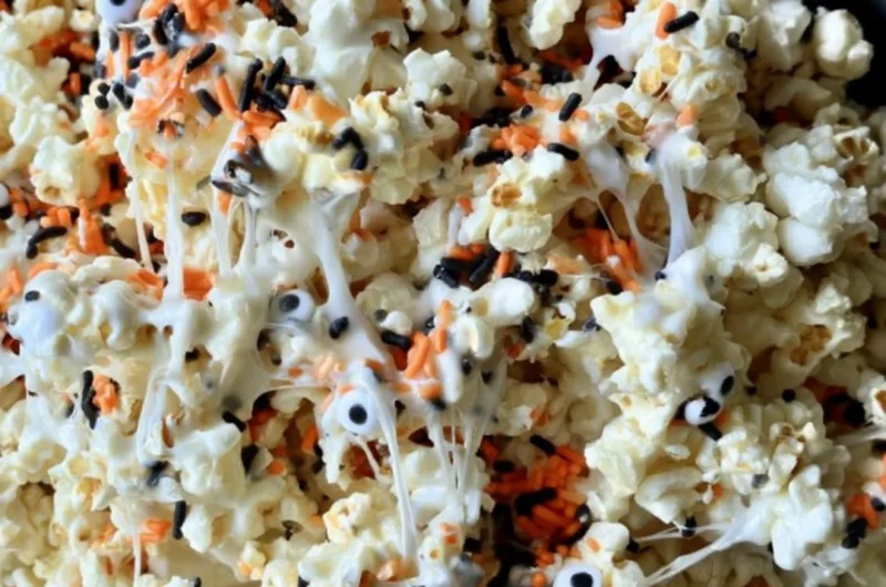 Colorful Halloween popcorn in a bowl with spooky decorations