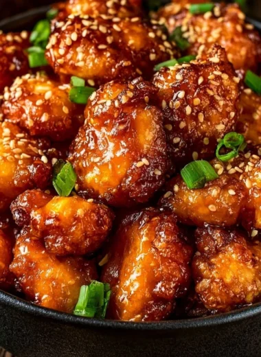 Homemade orange chicken served in a bowl with rice and garnish